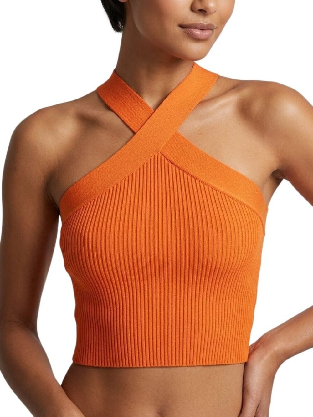 Dreamers By Debut Crop Top XS Ribbed Criss Cross Halter Tangerine Orange Trendy